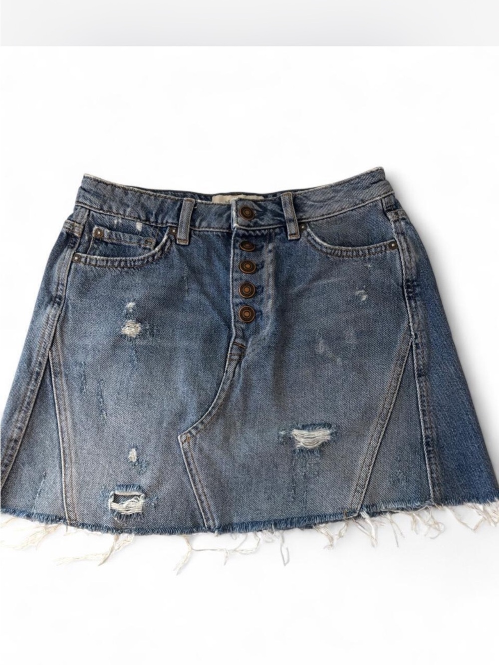 We the Free Distressed Blue Denim Mini Skirt with Button Front